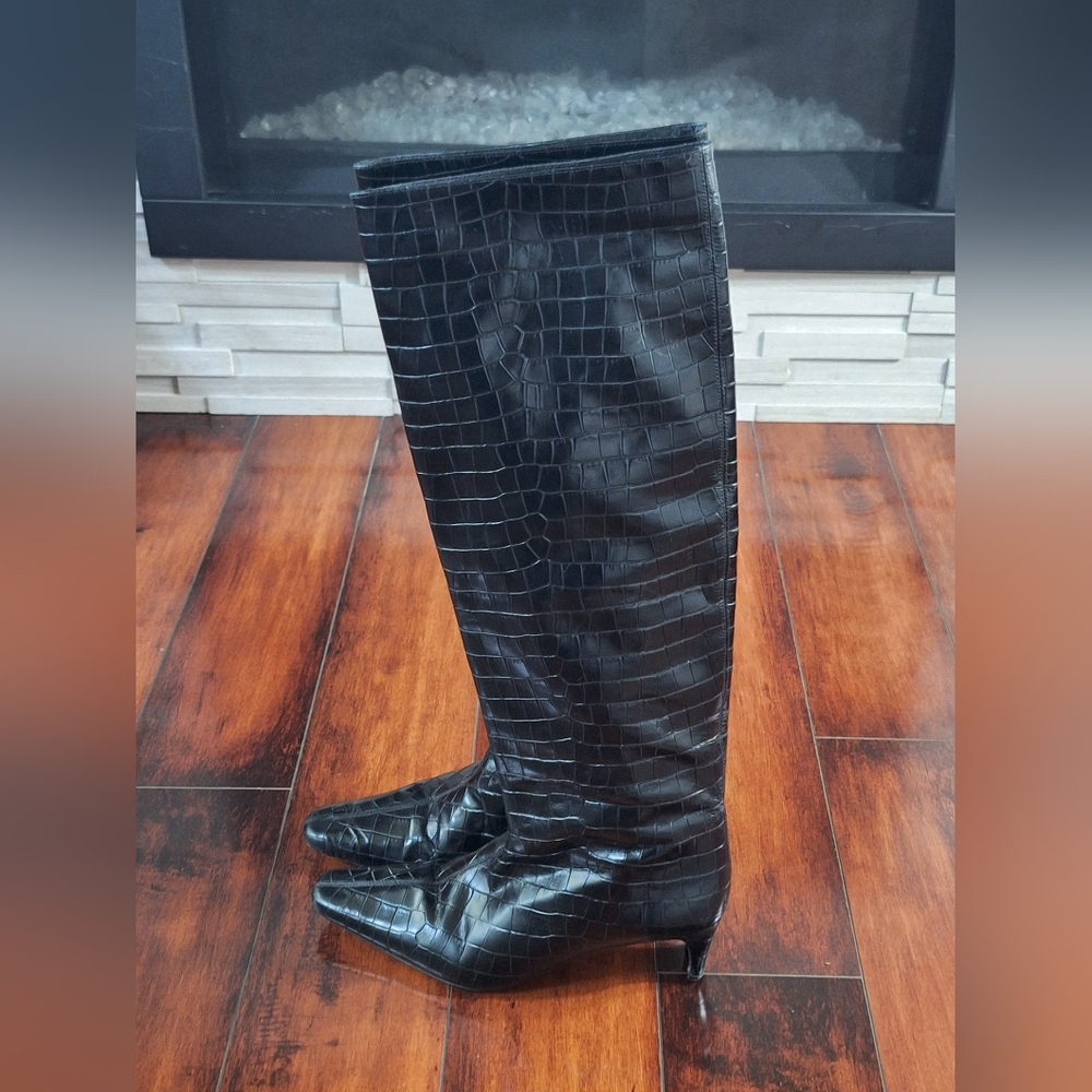 STAUD Black Croc-Embossed Heeled Boots